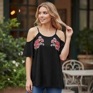 Black Cold Shoulder Floral Embroidered Top | Boho Chic Blouse | Size S